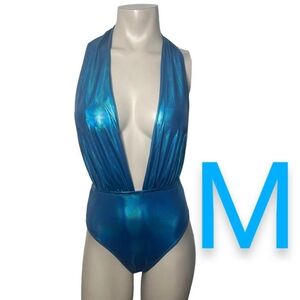 🆕Bear Dance Metallic Aqua Blue Shimmering Deep Plunge Halter Bodysuit~Size M